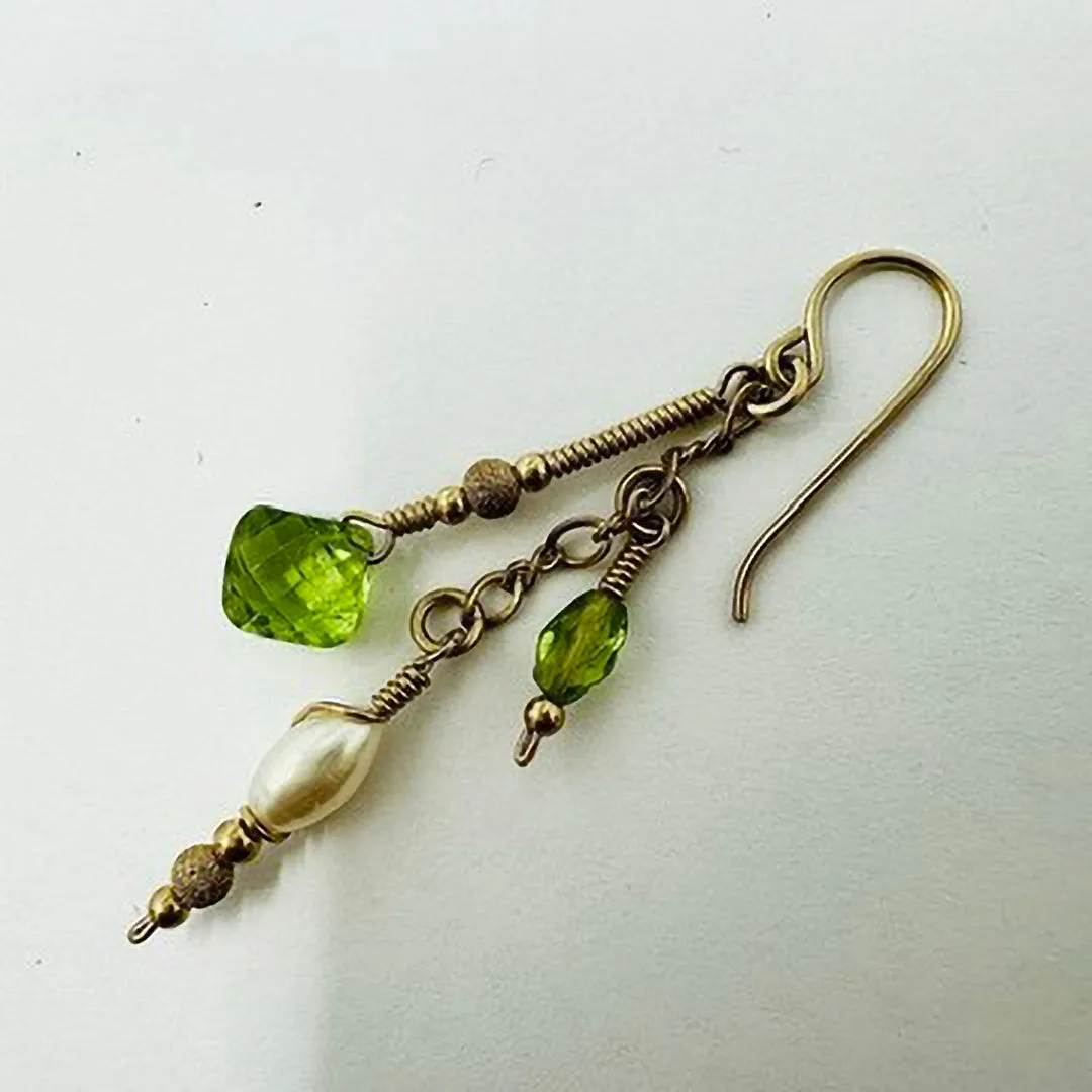 14K Gold Necklace with Peridot and Pearl with Matching Earrings