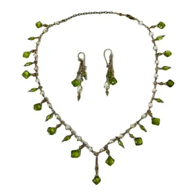 14K Gold Necklace with Peridot and Pearl with Matching Earrings