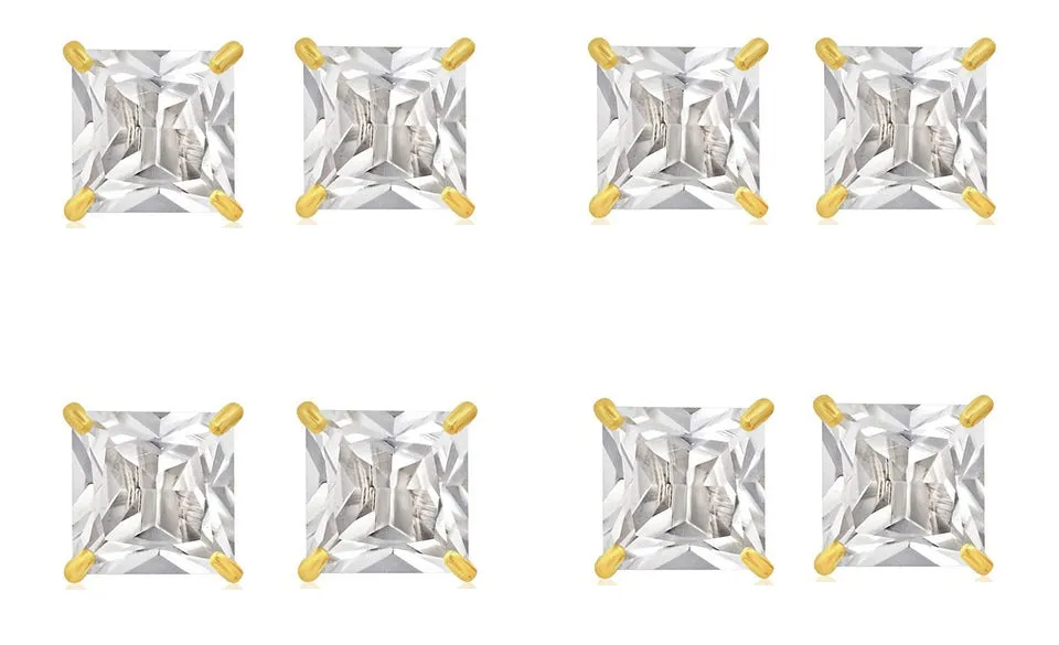 14k Yellow Gold Plated 6mm 2Ct Square Cut White Sapphire Set Of Four Stud Earrings