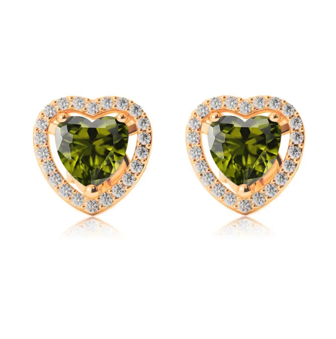 18k Yellow Gold Plated 3 Ct Created Halo Heart Peridot Stud Earrings