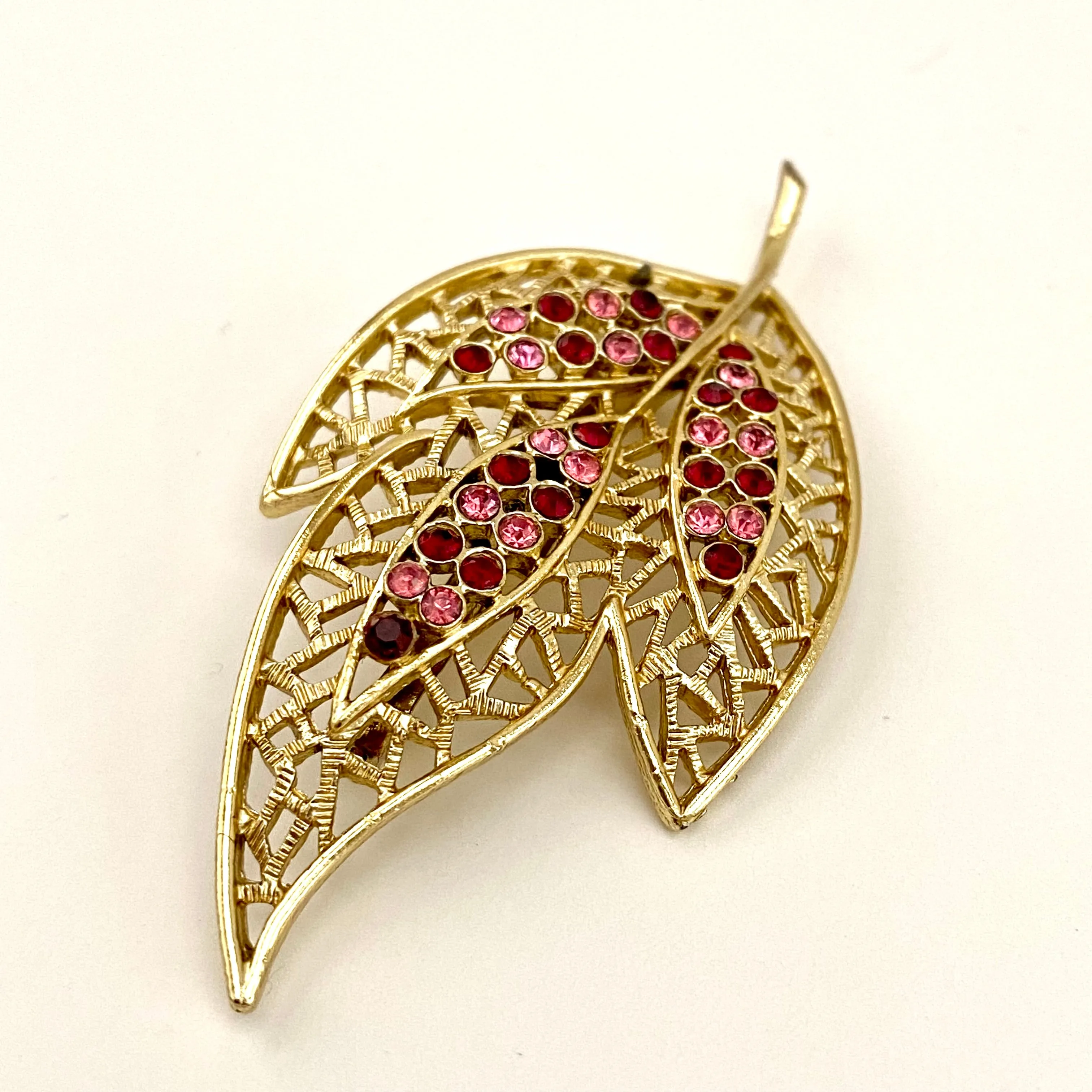 1960s Rhinestone & Gold-Tone Leaf Brooch