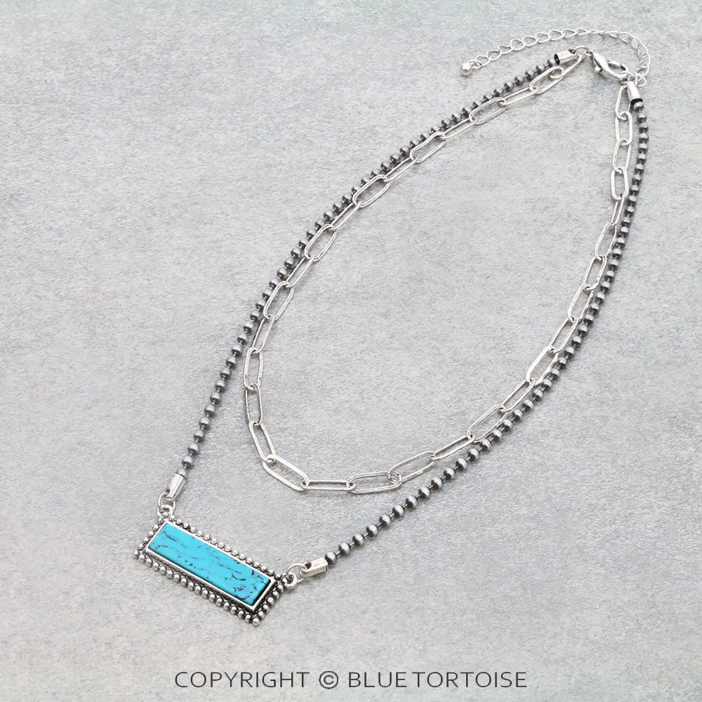 2 Row Navajo Style Pearl with Stone Bar Necklace