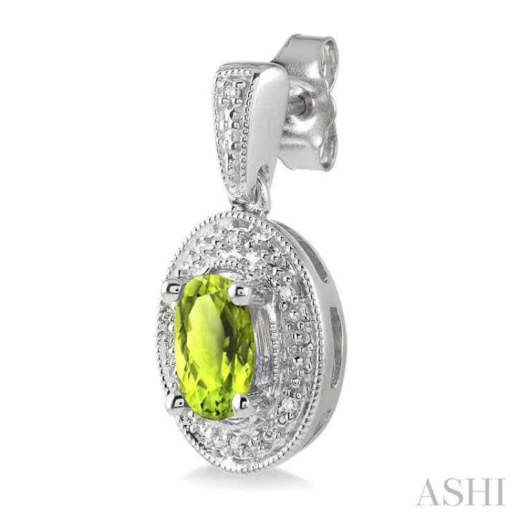 7x5MM Oval Cut Peridot and 1/20 Ctw Single Cut Diamond Earrings in Sterling Silver