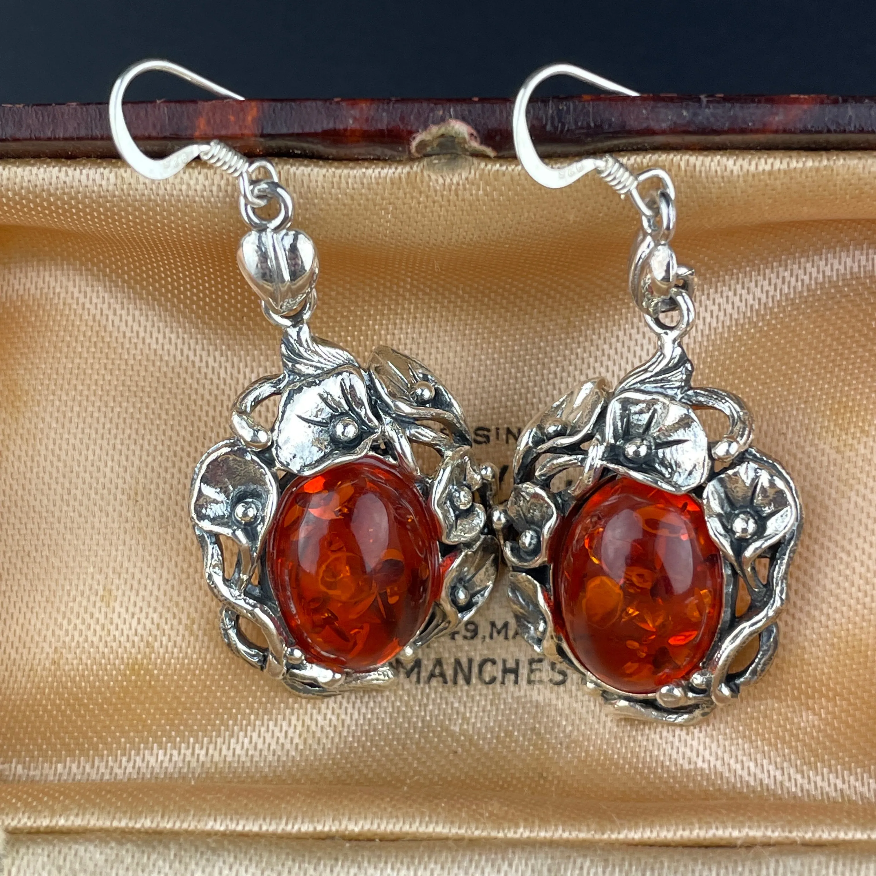 Arts and Crafts Style Silver Floral Baltic Amber Earrings