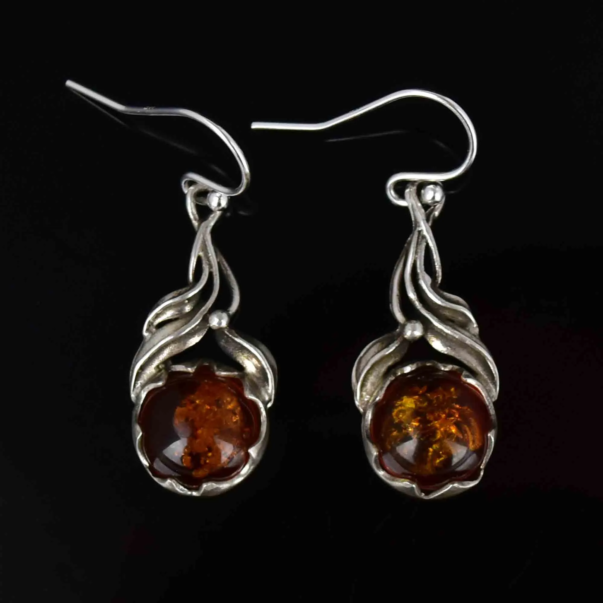 Arts and Crafts Style Silver Natural Baltic Amber Drop Earrings