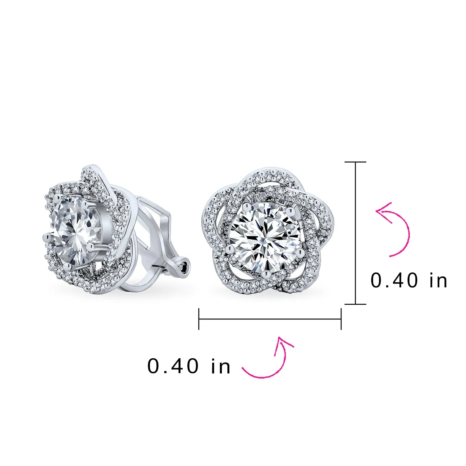 Bridal Rose CZ Flower Clip On Earrings Non Pierced Ears Silver Plated