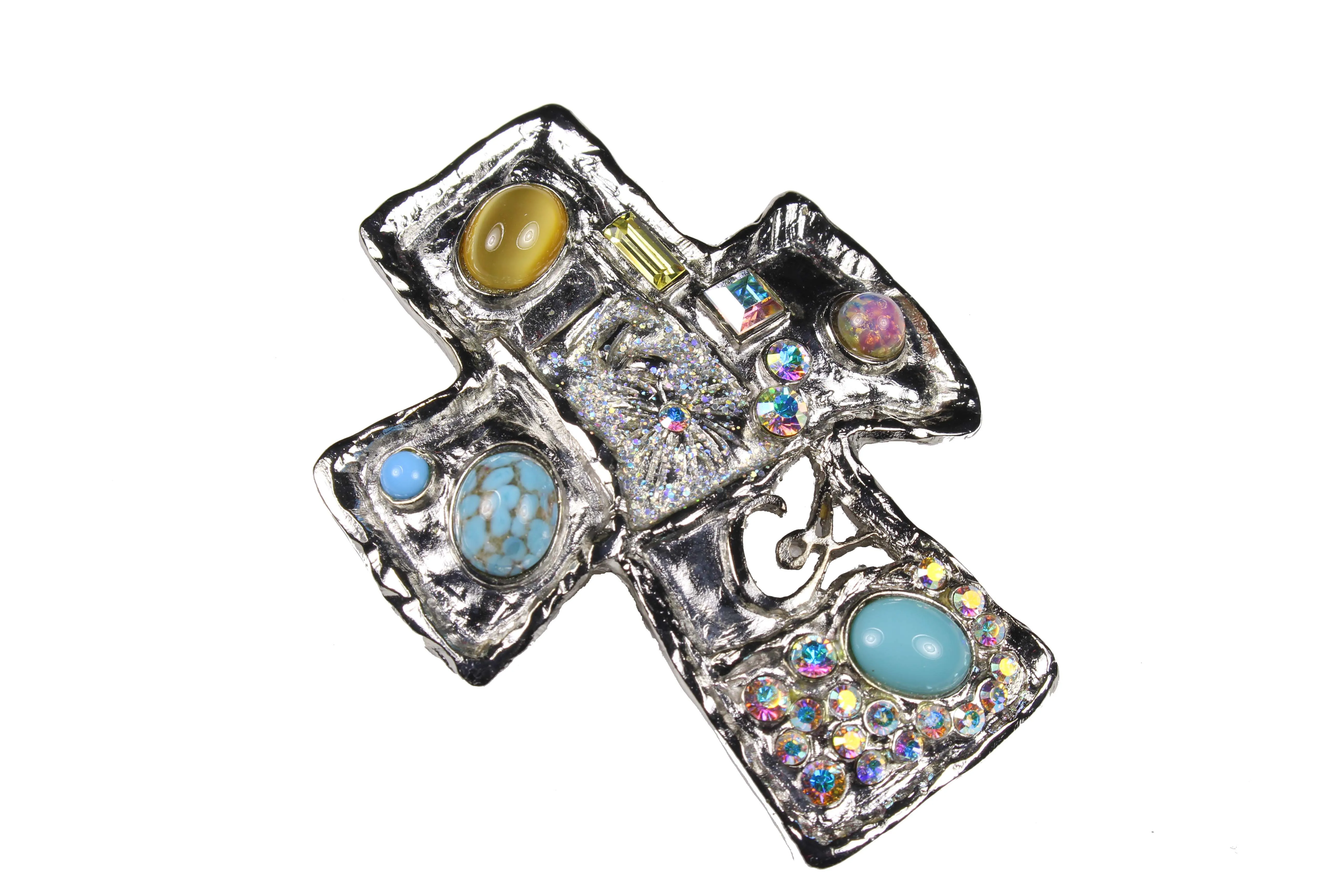 CHRISTIAN LACROIX silver large cross pendant brooch