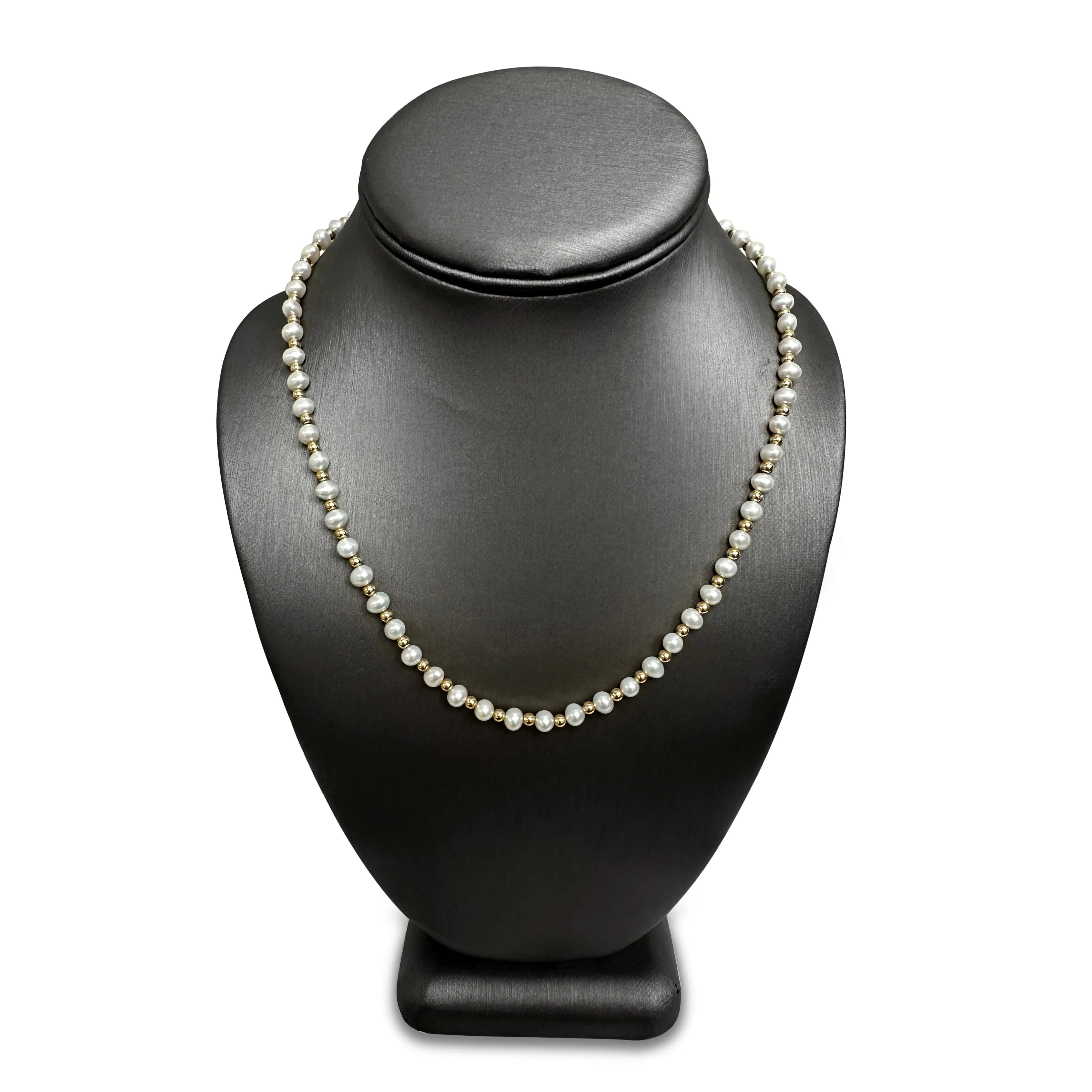 Cultured Pearl and Gold Bead Necklace in 14 Karat Yellow Gold