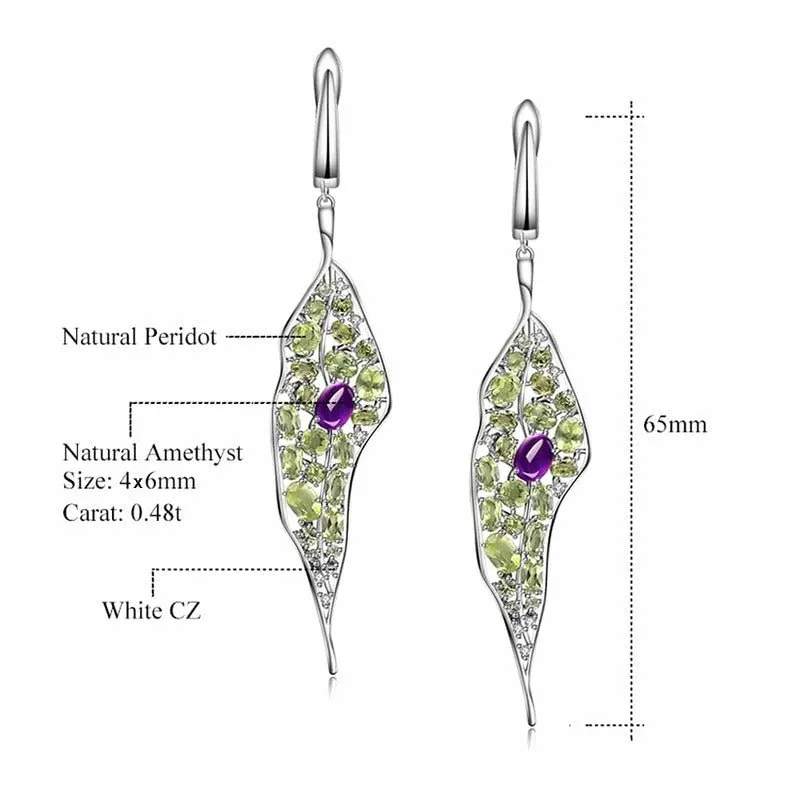 Genuine Peridot & Amethyst Silver Drop Earrings
