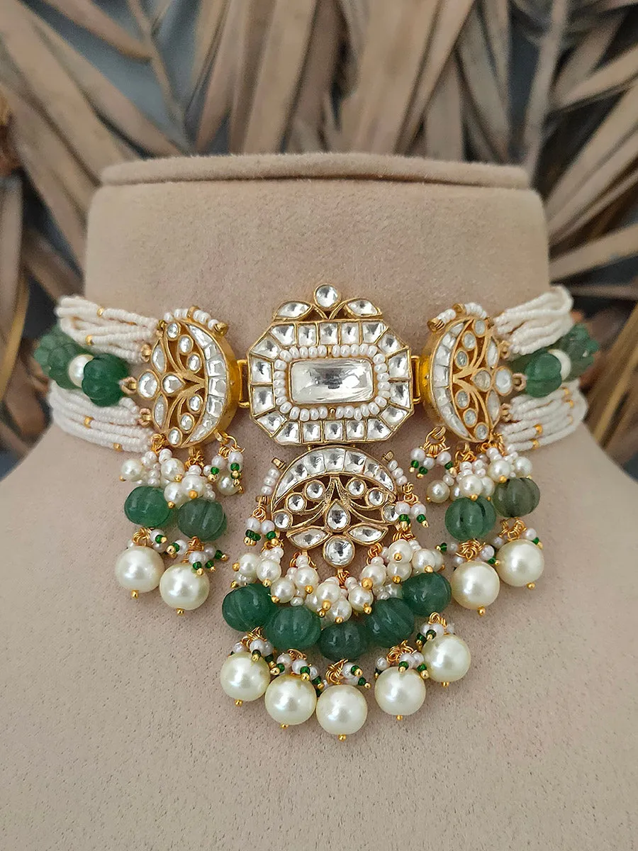 Green Color Gold Plated Jadau Kundan Necklace Set - MS1399Y