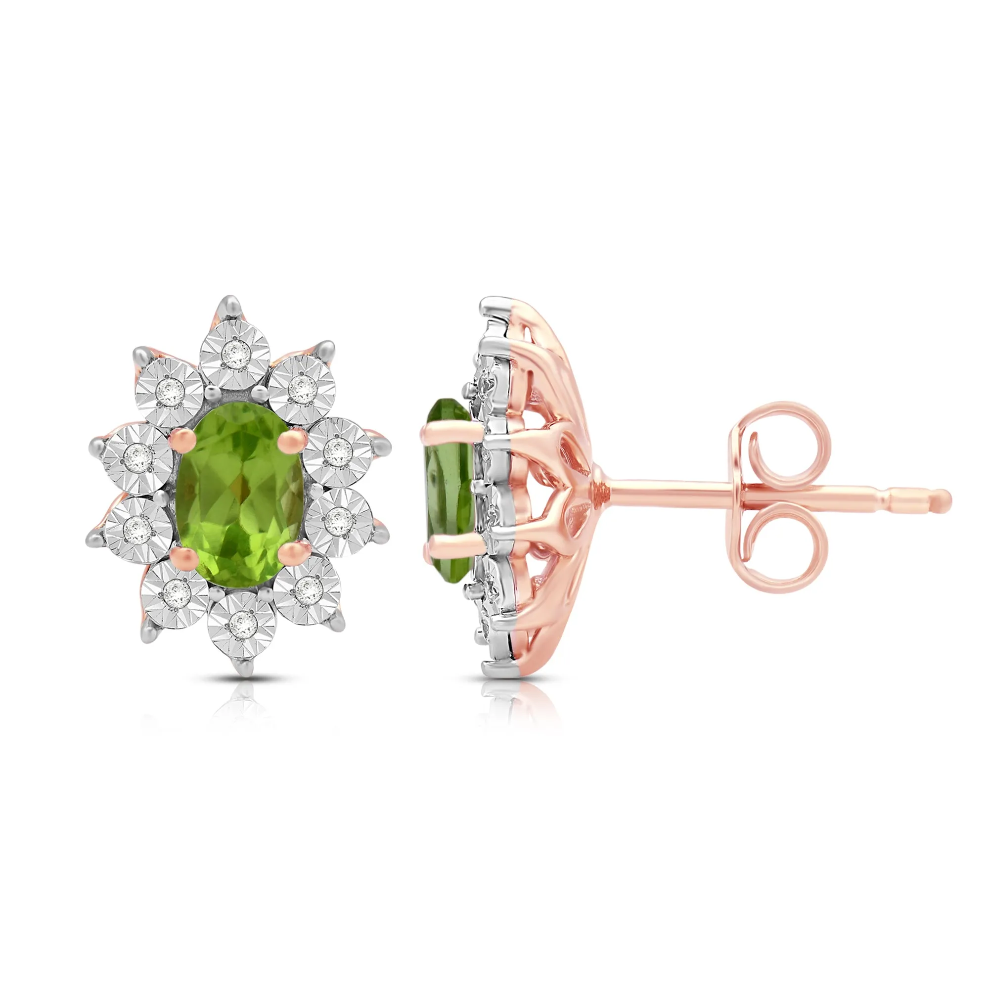 Jewelili 14K Rose Gold Over Sterling Sliver Oval Genuine Peridot and 1/20 CTTW Natural White Round Diamond Cluster Stud Earrings