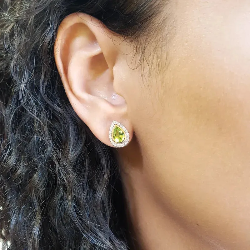 Natural Pear Cut Peridot Halo Statement Studs For Women - 925 Sterling Silver Earrings