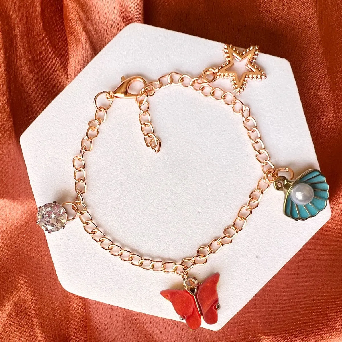 Rack Jack Rose Gold Plated Charms Bracelet Butterfly Pearl Diamond Adjustable Free Size | Birthday Gift for Girls and Women Anniversary Gift for Wife - Orange