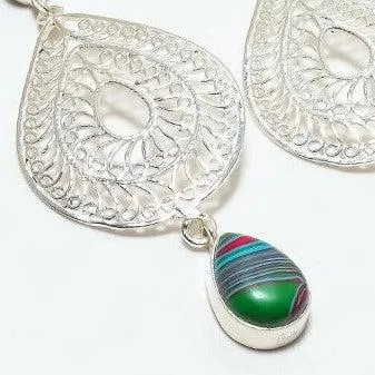 Rainbow Calsilica & Green Peridot Silver Plated Earrings