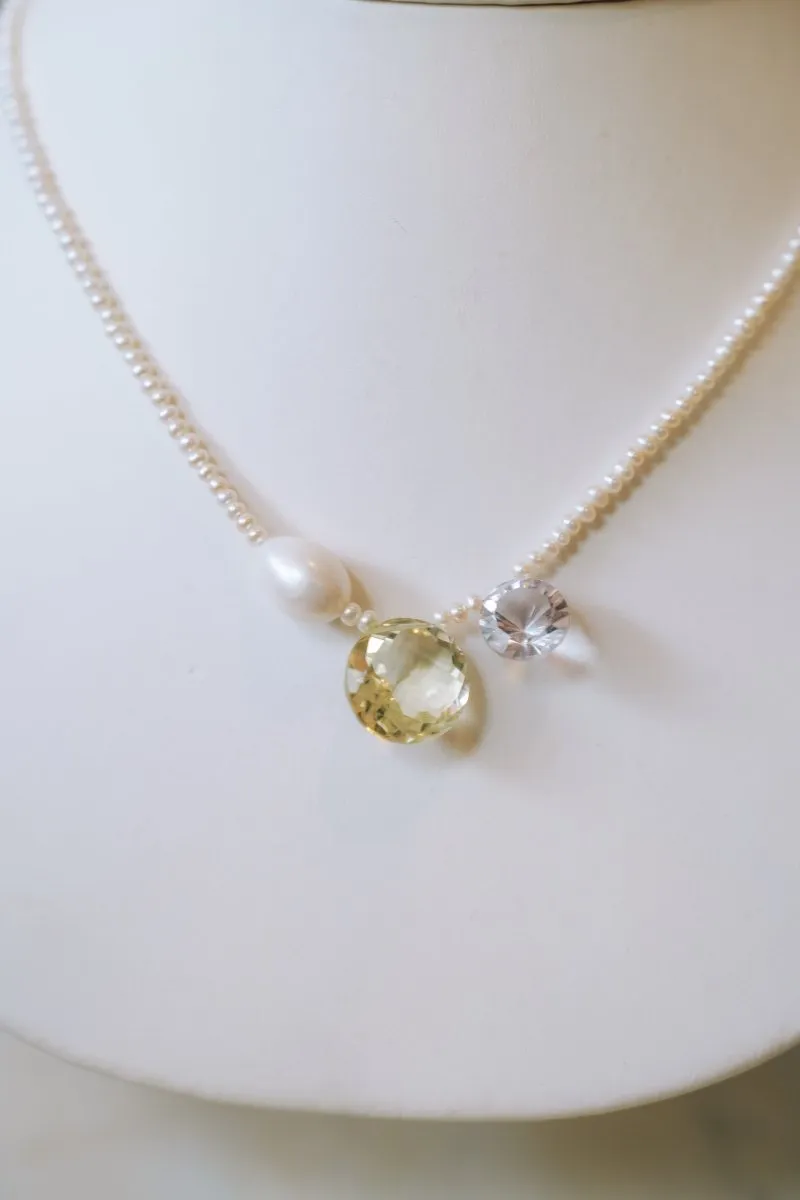 Seed Pearl & Gemstone Necklace- Lemon Quartz