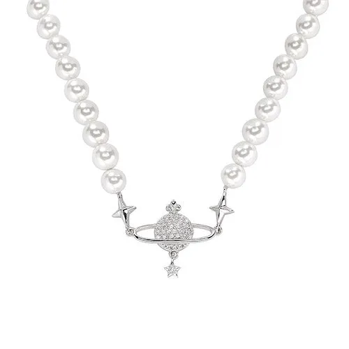 Silver or gold plated Freshwater Pearl Saturn CZ Necklace