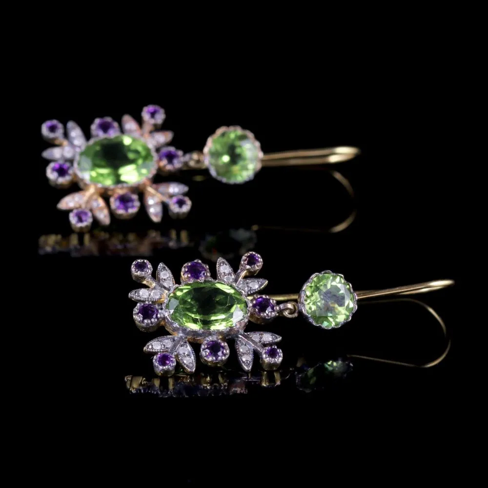 Suffragette Drop Earrings 18Ct Gold Peridot Amethyst Diamond